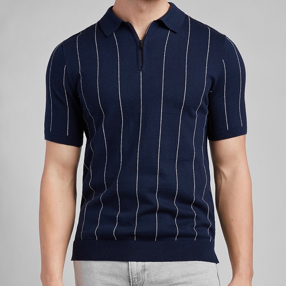 Reiss Vertical Striped Short Sleeve Zip Polo Sweater